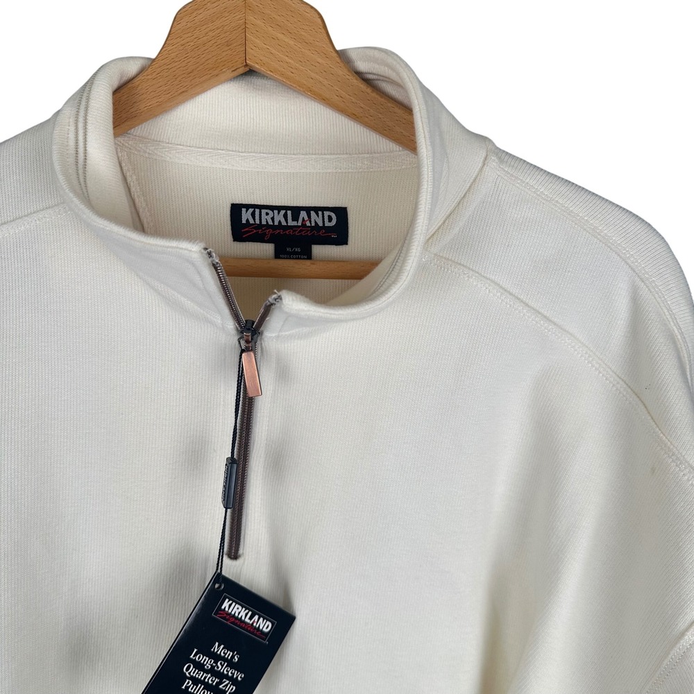 Kirkland Signature Mens XL Cream 100% Cotton Quarter Zip Pullover Sweater NWT